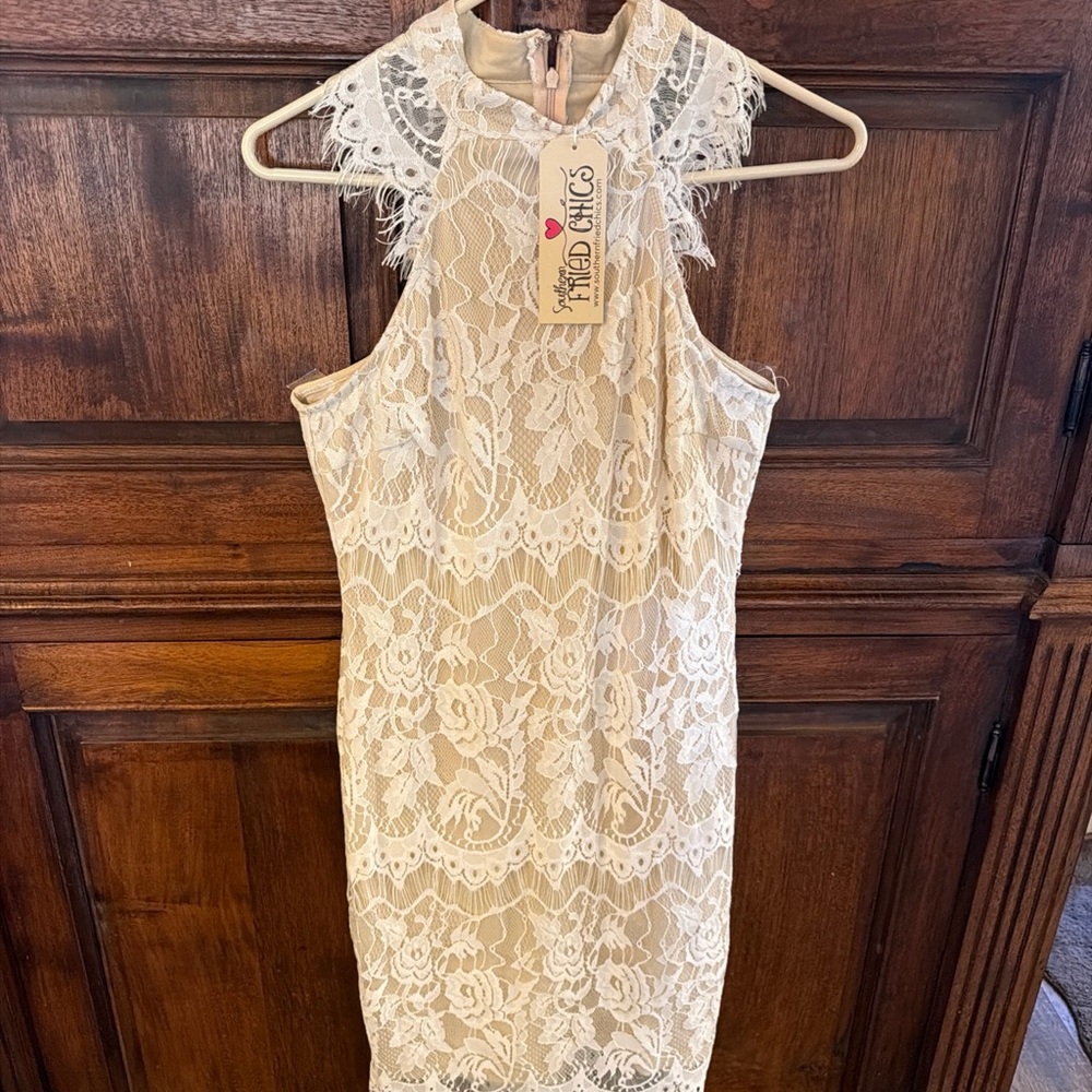 Frayed Chics Cream Lace High-Neck Midi Dress with Scalloped Hem